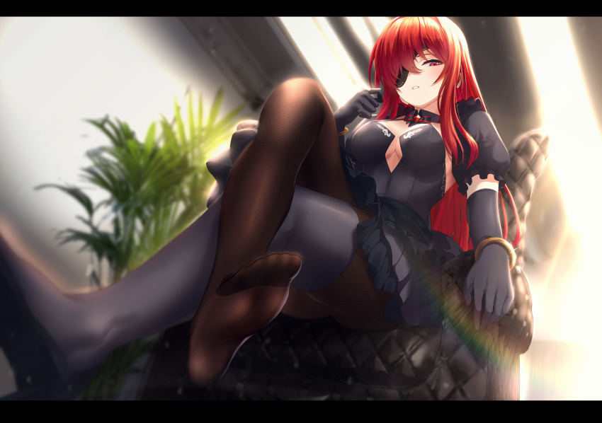 1girl absurdres bangle bangs blush boots bracelet breasts character_request choker crossed_legs detached_sleeves dress eyepatch gloves hand_up highres jewelry large_breasts long_hair looking_at_viewer panamuru pantyhose parted_lips puffy_sleeves red_eyes redhead single_thigh_boot sitting solo