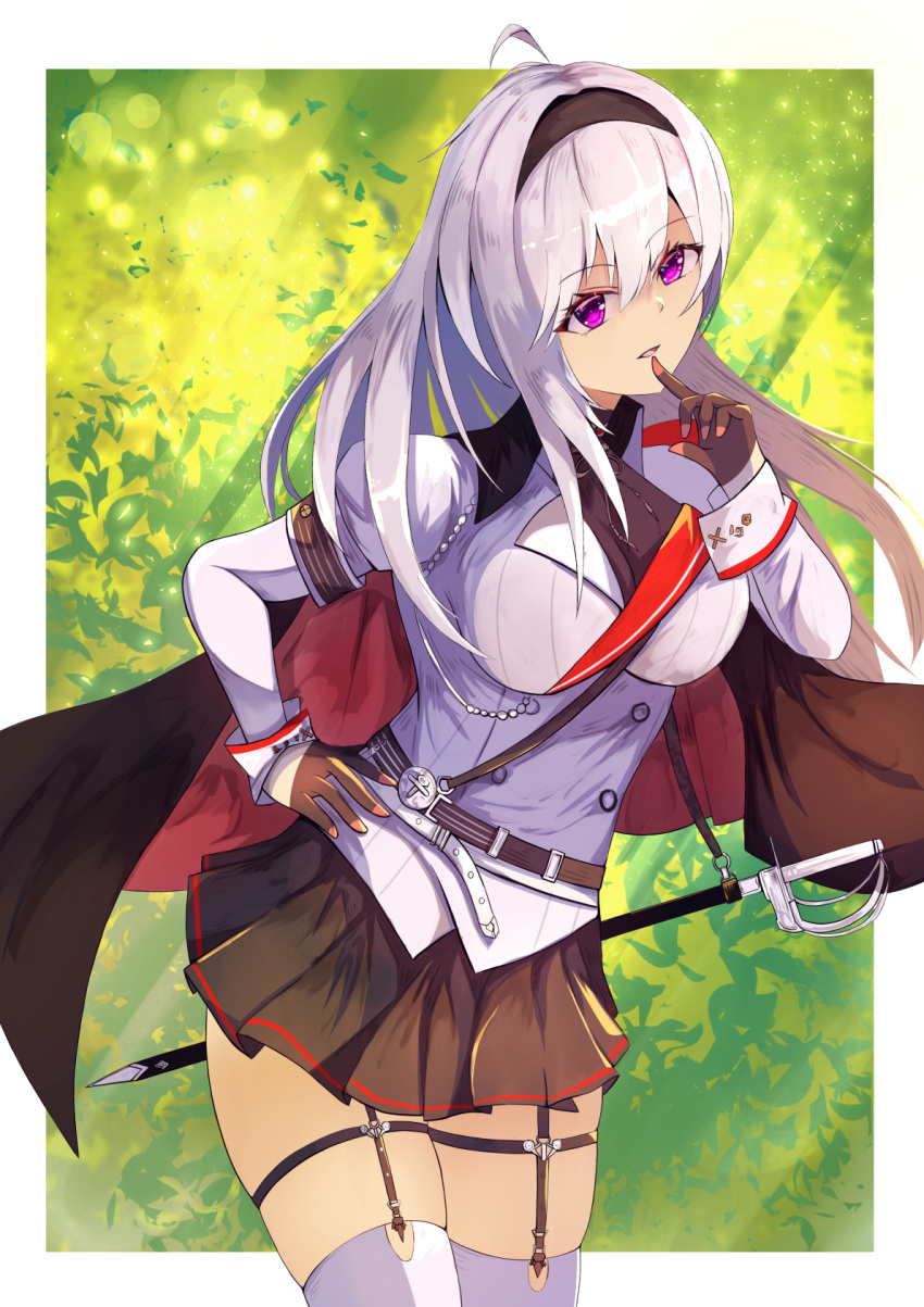 1girl ahoge azur_lane belt black_gloves black_skirt breasts eyebrows_visible_through_hair finger_to_mouth gloves hairband hand_on_hip hane_(feathe02) highres holstered_weapon jacket long_hair looking_at_viewer mainz_(azur_lane) open_mouth silver_hair simple_background skirt solo thigh-highs uniform violet_eyes white_jacket white_legwear