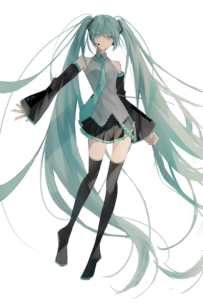 1girl absurdly_long_hair absurdres bangs black_footwear black_skirt black_sleeves blue_eyes blue_hair blue_necktie boots closed_mouth collared_shirt detached_sleeves floating_hair full_body grey_shirt hair_between_eyes hatsune_miku headphones headset highres long_hair long_sleeves microphone miniskirt necktie pleated_skirt rio_k7 shirt simple_background skirt sleeveless sleeveless_shirt sleeves_past_wrists solo thigh_boots twintails very_long_hair vocaloid white_background wing_collar zettai_ryouiki