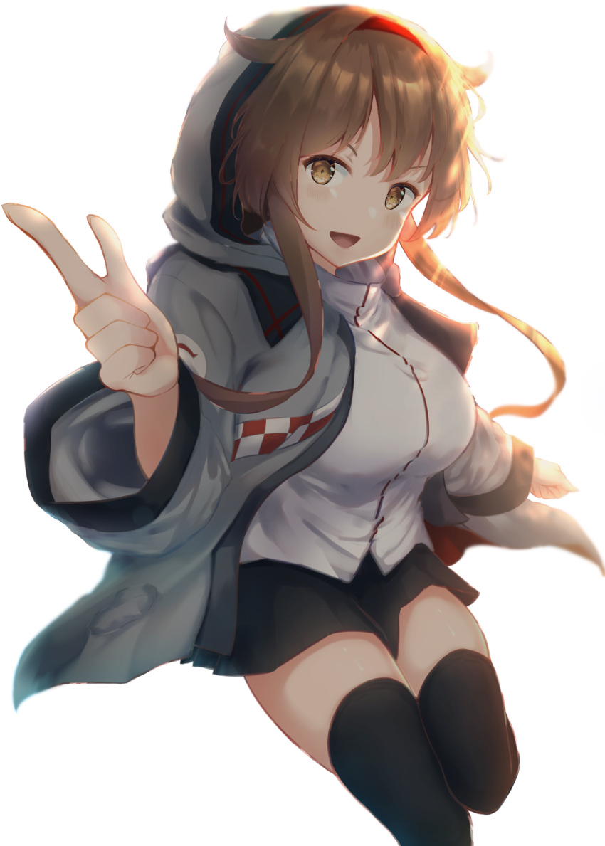 1girl absurdres blush brown_eyes brown_hair hair_between_eyes hair_flaps hairband highres kantai_collection long_hair open_mouth red_hairband remodel_(kantai_collection) shanghmely shiratsuyu_(kantai_collection) sidelocks simple_background smile solo white_background