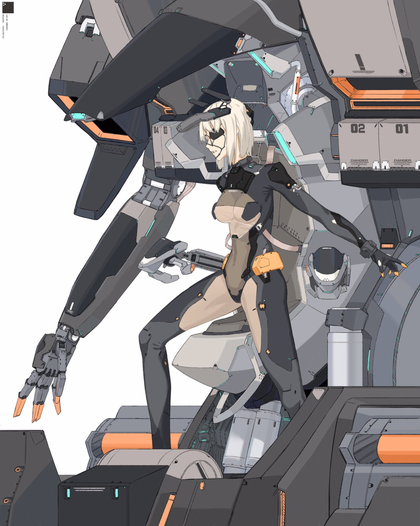 1girl blonde_hair breasts cockpit eyepatch from_side highres mecha medium_breasts open_hands original parted_lips science_fiction shineash short_hair