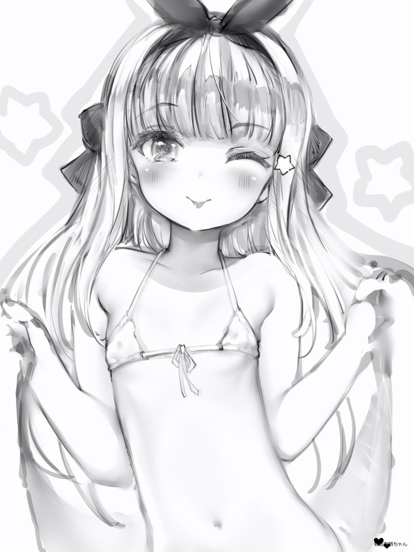 1girl :p bare_arms bare_shoulders bikini blush bow_hairband flat_chest greyscale hair_ornament hairband hands_up highres holding long_hair looking_at_viewer monochrome mononobe_alice nanashi_(nlo) navel nijisanji smile solo star_(symbol) star_hair_ornament swimsuit tongue tongue_out