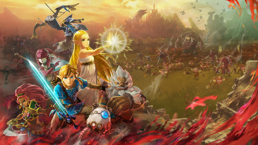 bangs blonde_hair blue_eyes daruk earrings fingerless_gloves fins fish_girl gloves goron green_eyes guardian_(breath_of_the_wild) hair_ornament highres hyrule_warriors:_age_of_calamity jewelry koei_tecmo link lizalflos long_hair looking_at_viewer mipha monster_girl multicolored multicolored_skin nintendo no_eyebrows official_art open_mouth pointy_ears princess_zelda red_skin revali rito soldier_link the_legend_of_zelda the_legend_of_zelda:_breath_of_the_wild urbosa zora