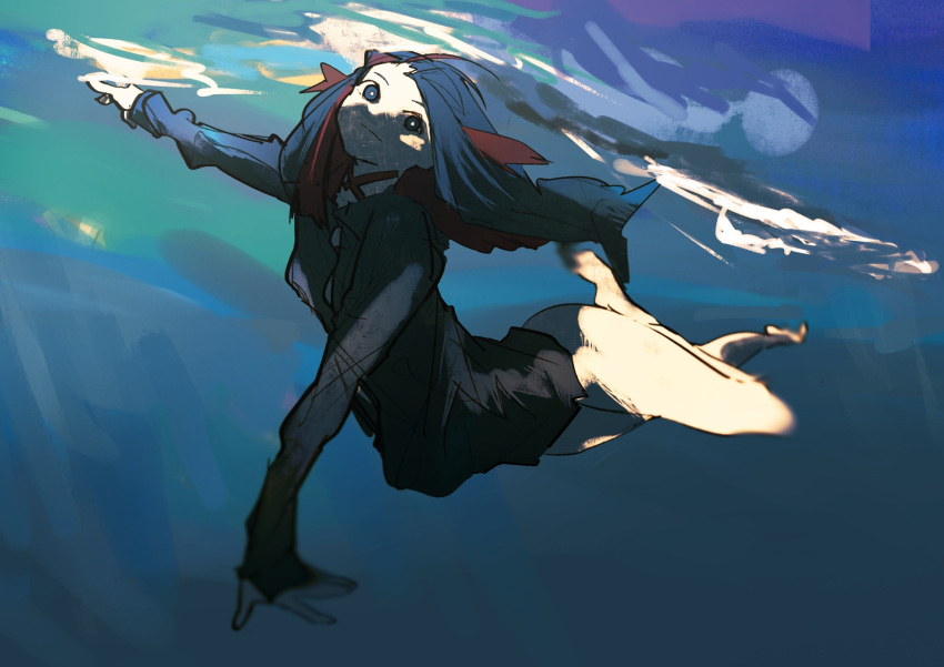 1girl barefoot blue_eyes blue_hair floating_hair highres long_hair looking_at_viewer original snow_brs solo swimming underwater