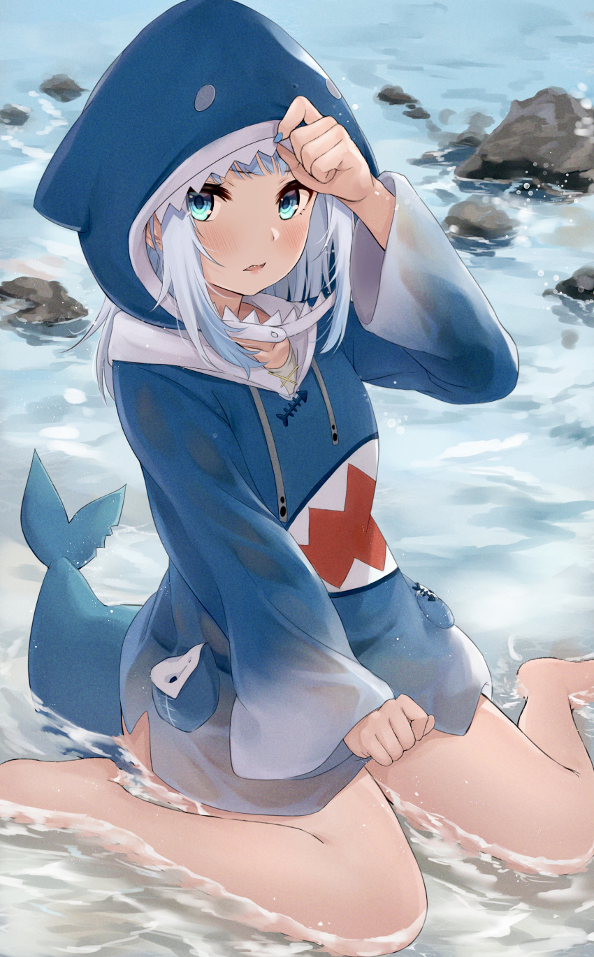 1girl absurdres animal_costume animal_hood bare_legs barefoot blue_eyes blue_hair blue_hoodie fingernails fish_skeleton fish_tail gawr_gura hand_on_headwear hand_up haru_(re_ilust) highres holding hololive hololive_english holomyth hood hood_up hoodie looking_at_viewer medium_hair nail_polish no_pants ocean outdoors partially_submerged pocket rock shark_costume shark_girl shark_hood shark_print shark_tail sharp_teeth silver_hair sitting solo tail teeth virtual_youtuber wariza wide_sleeves