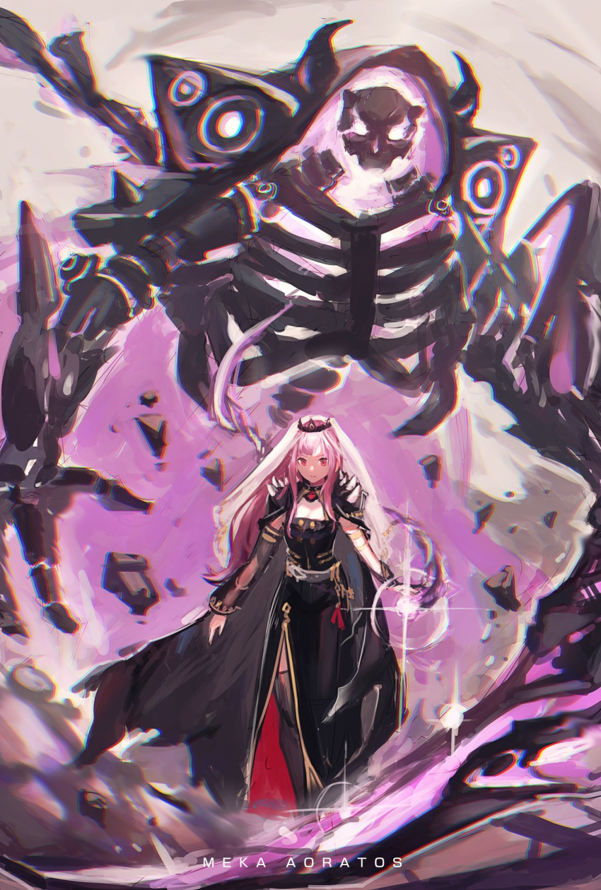 1girl aoratosmeka bangs black_dress capelet detached_sleeves dress gem highres holding hololive hololive_english looking_at_viewer mori_calliope personification pink_eyes pink_hair ribs robot scythe shoulder_spikes signature simple_background spikes standing thigh-highs tiara veil virtual_youtuber