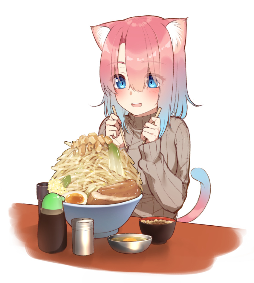 1girl :d animal_ear_fluff animal_ears bangs blue_eyes blue_hair blush bowl brown_sweater cat_ears cat_girl cat_tail chopsticks commentary_request egg eyebrows_visible_through_hair eyes_visible_through_hair food go-1 gradient_hair hair_between_eyes hands_up highres holding holding_chopsticks long_sleeves multicolored_hair open_mouth original pink_hair ribbed_sweater simple_background sleeves_past_wrists smile solo sweater tail upper_body upper_teeth white_background