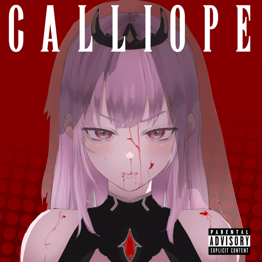 1girl album_cover bangs blood blood_on_face character_name cover english_commentary foxxarius highres hololive hololive_english looking_at_viewer mori_calliope parental_advisory pink_hair red_eyes scowl solo tiara veil virtual_youtuber