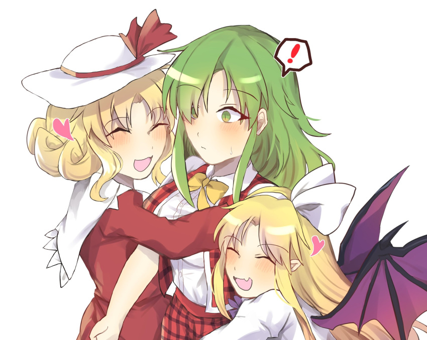 ! 3girls artist_request bangs bat_wings blonde_hair blush bow closed_eyes closed_mouth dress elly_(touhou) eyebrows_visible_through_hair fang green_eyes green_hair hairband hat hat_bow heart highres hug kazami_yuuka kazami_yuuka_(pc-98) kurumi_(touhou) long_sleeves multiple_girls one_eye_covered open_clothes open_mouth open_vest pants plaid plaid_pants plaid_vest pointy_ears purple_bow purple_neckwear red_bow red_dress red_pants red_vest shirt short_sleeves simple_background sweatdrop touhou touhou_(pc-98) vest white_background white_bow white_hairband white_headwear white_shirt wings yellow_bow yellow_neckwear