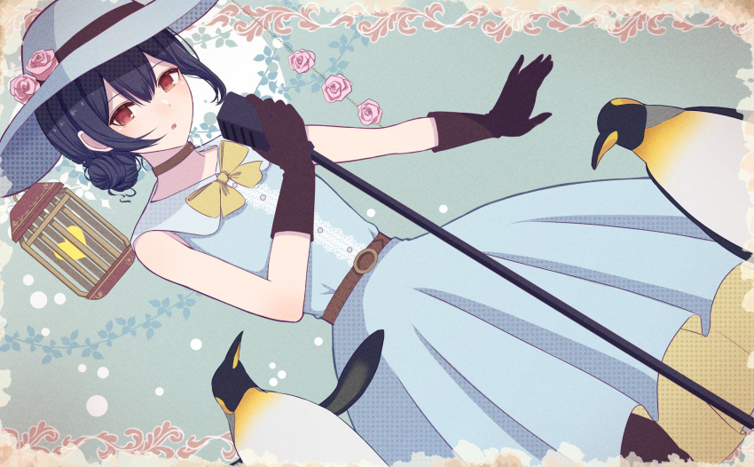 1girl :o bare_arms bird birdcage black_gloves blue_dress blue_hair bow bowtie cage choker commentary dress dutch_angle feet_out_of_frame flower gloves hair_up hat hat_flower hat_ribbon highres idolmaster idolmaster_shiny_colors long_dress looking_at_viewer microphone microphone_stand morino_rinze parted_lips penguin red_eyes ribbon rose shimashi_(mori_no_sato) short_sleeves solo sun_hat tagme yellow_neckwear