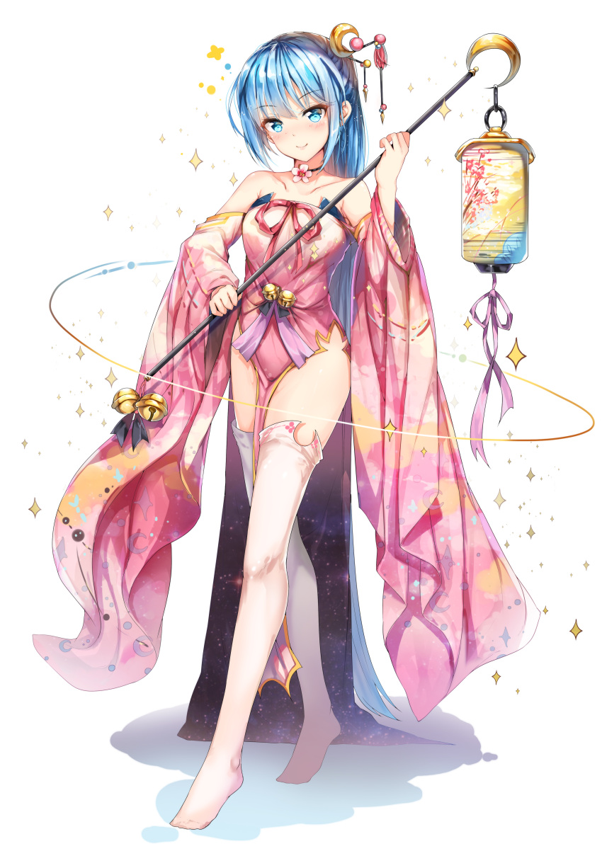 1girl absurdres bell blue_eyes blue_hair chinese_clothes chinese_commentary choker commentary_request crescent crescent_hair_ornament flower_choker full_body hair_ornament highres holding holding_rod holding_staff jingle_bell kanzashi knees lantern legs long_hair looking_at_viewer magic no_shoes original pink_clothes pink_ribbon pink_robe ribbon robe rod simple_background smile sola_(sola04) solo sparkle staff thigh-highs tsurime very_long_hair white_background white_legwear wide_sleeves