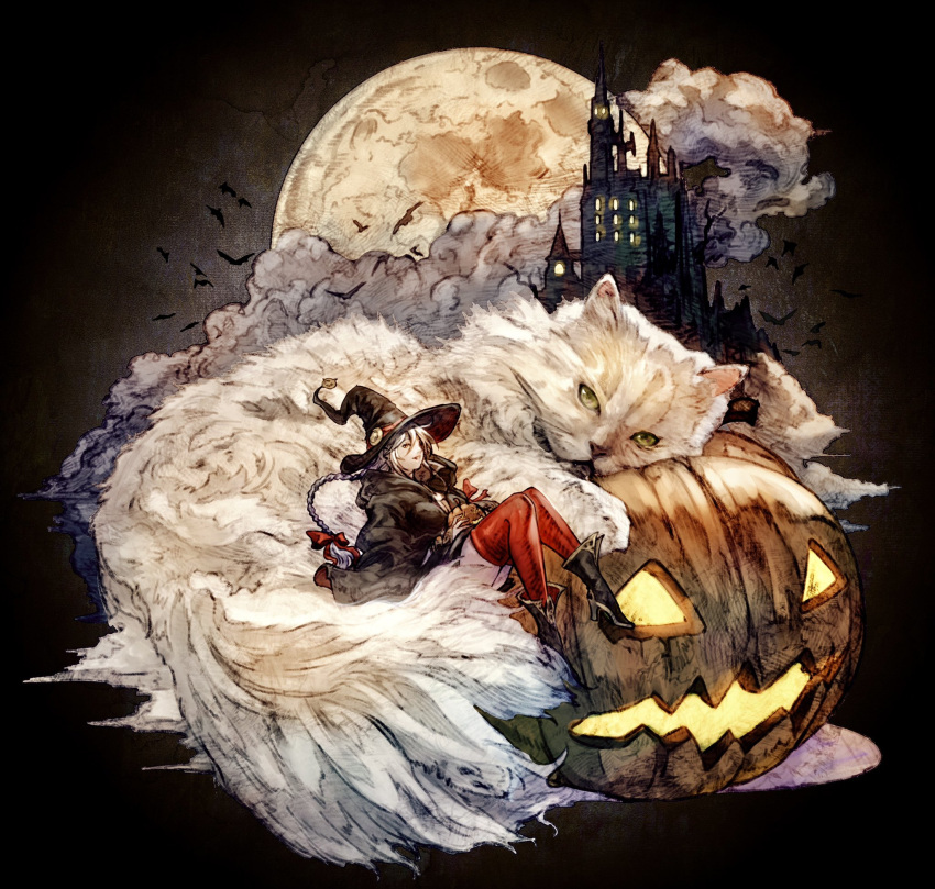 1girl animal bat black_footwear bow braid castle cat clouds cloudy_sky flying food green_eyes grey_hair hair_bow halloween hat hatching_(texture) highres holding holding_food holding_pumpkin holding_vegetable jack-o'-lantern long_hair moon orange_eyes original oversized_animal parted_lips pumpkin red_legwear shukei_co sitting sky smile thigh-highs vegetable white_cat witch witch_hat yellow_moon