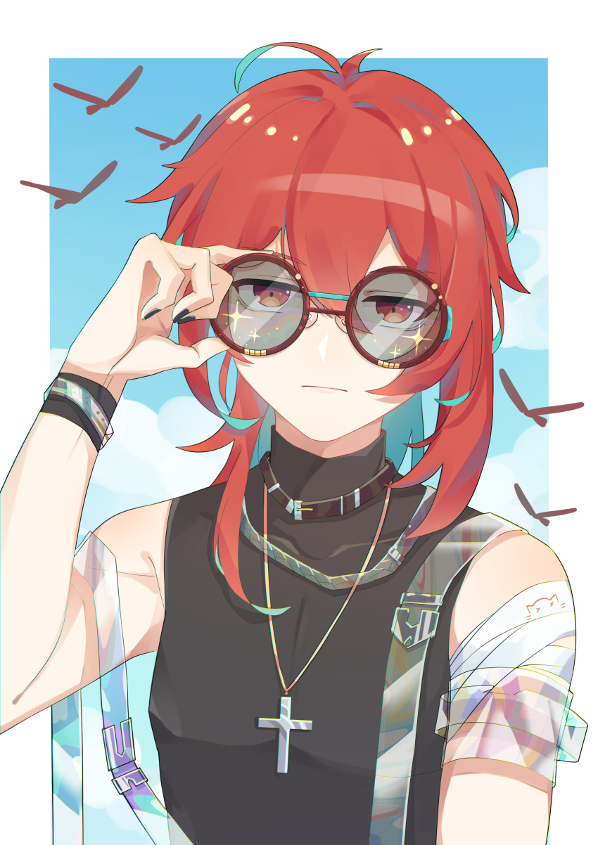 1boy absurdres black_shirt chen_clear chinese_commentary contemporary cross cross_necklace diluc_(genshin_impact) genshin_impact highres holding holding_eyewear jewelry looking_at_viewer necklace red_eyes redhead round_eyewear shirt sleeveless sleeveless_shirt solo summer sunglasses