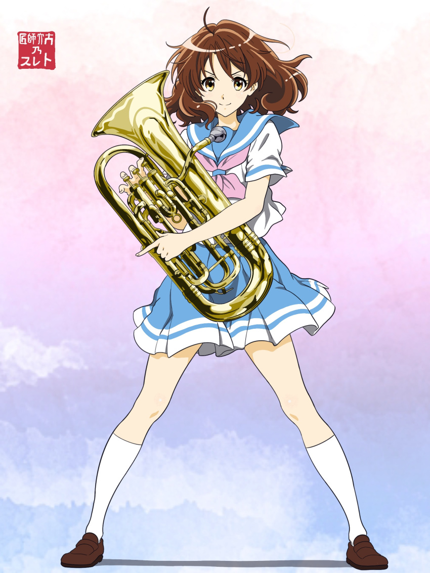 1girl ahoge bangs blue_sailor_collar blue_skirt brown_eyes brown_footwear brown_hair closed_mouth collared_shirt dai_suke_judo_bjj euphonium floating_hair full_body hair_between_eyes hibike!_euphonium highres holding holding_instrument index_finger_raised instrument kitauji_high_school_uniform kneehighs loafers long_hair looking_at_viewer miniskirt oumae_kumiko pink_neckwear pleated_skirt sailor_collar sailor_collar_lift sailor_shirt school_uniform serafuku shiny shiny_hair shirt shoes short_sleeves skirt smile solo standing white_legwear white_shirt