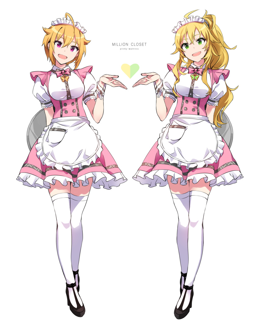 2girls alternate_costume apron black_footwear blonde_hair breasts commentary_request dress enmaided green_eyes high_heels highres hoshii_miki ibuki_tsubasa idolmaster idolmaster_million_live! idolmaster_million_live!_theater_days long_hair maid maid_headdress medium_breasts multiple_girls open_mouth pink_dress puffy_short_sleeves puffy_sleeves shoes short_sleeves thigh-highs white_apron yoshito zettai_ryouiki