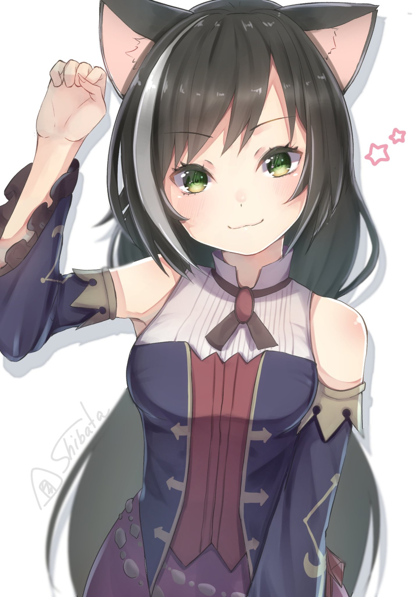 1girl :3 animal_ear_fluff animal_ears arm_at_side arm_up artist_name bangs bare_shoulders black_hair blush breasts cat_ears cat_girl closed_mouth detached_sleeves dress green_eyes highres karyl_(princess_connect!) long_hair long_sleeves looking_at_viewer medium_breasts multicolored_hair onigirisss princess_connect! princess_connect!_re:dive sleeveless sleeveless_dress smile solo star_(symbol) streaked_hair symbol_commentary twintails white_hair
