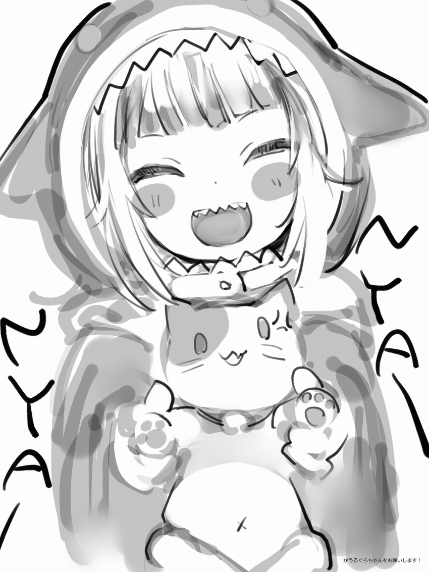 1girl :d anger_vein animal animal_hood bangs blunt_bangs cat closed_eyes gawr_gura greyscale head_tilt highres holding holding_animal holding_cat hololive hololive_english hood hood_up monochrome nanashi_(nlo) nyan open_mouth shark_hood sharp_teeth simple_background smile solo teeth upper_body white_background x_navel