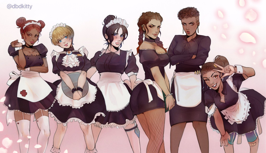 6+girls apex_legends ass bangalore_(apex_legends) black_hair blonde_hair blue_eyes breasts brown_eyes brown_hair commentary_request crossed_arms dark_skin dbdkitty double_bun earrings highres jewelry kunai large_breasts lifeline_(apex_legends) loba_(apex_legends) long_hair looking_at_viewer maid maid_headdress medium_breasts multiple_girls one_eye_closed rampart_(apex_legends) smile thick_thighs thigh-highs thighs wattson_(apex_legends) weapon white_legwear wraith_(apex_legends)