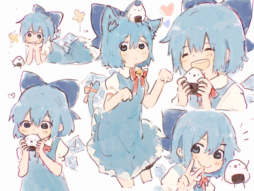 animal_ears bangs bell blue_background blue_dress blue_eyes blue_hair bow cat_ears cirno dress eating eyebrows_visible_through_hair food hair_bow highres lying mooosikasite onigiri paw_pose red_bow red_neckwear short_hair simple_background standing touhou v white_background