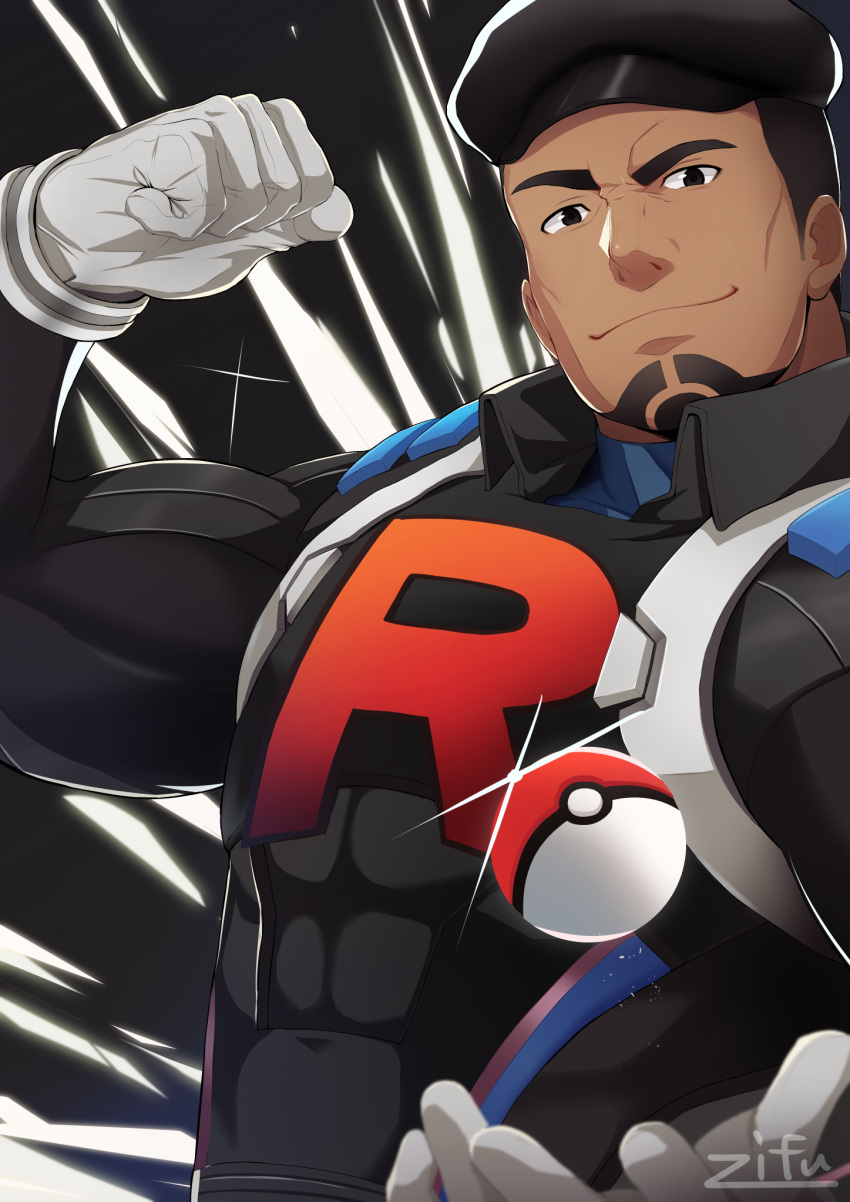 1boy black_eyes black_headwear cliff_(pokemon) closed_mouth commentary covered_abs gloves grey_gloves hat highres looking_at_viewer male_focus muscle poke_ball poke_ball_(basic) pokemon pokemon_(game) pokemon_go short_hair skin_tight smile solo team_go_rocket team_rocket team_rocket_uniform zifuuuun