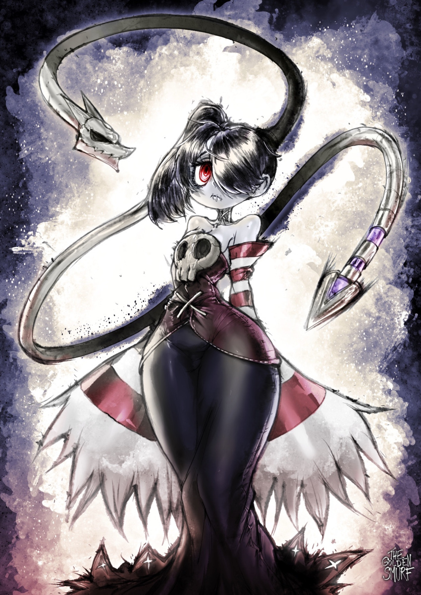 1girl black_hair black_skirt closed_mouth commentary detached_sleeves english_commentary grey_skin hair_over_one_eye highres long_skirt long_sleeves looking_at_viewer medium_hair one_eye_covered red_eyes ringed_eyes side_ponytail signature skirt skullgirls sleeves_past_fingers sleeves_past_wrists solo squigly_(skullgirls) standing stitched_mouth stitches tentacles the_golden_smurf thick_thighs thighs very_long_sleeves wide_sleeves