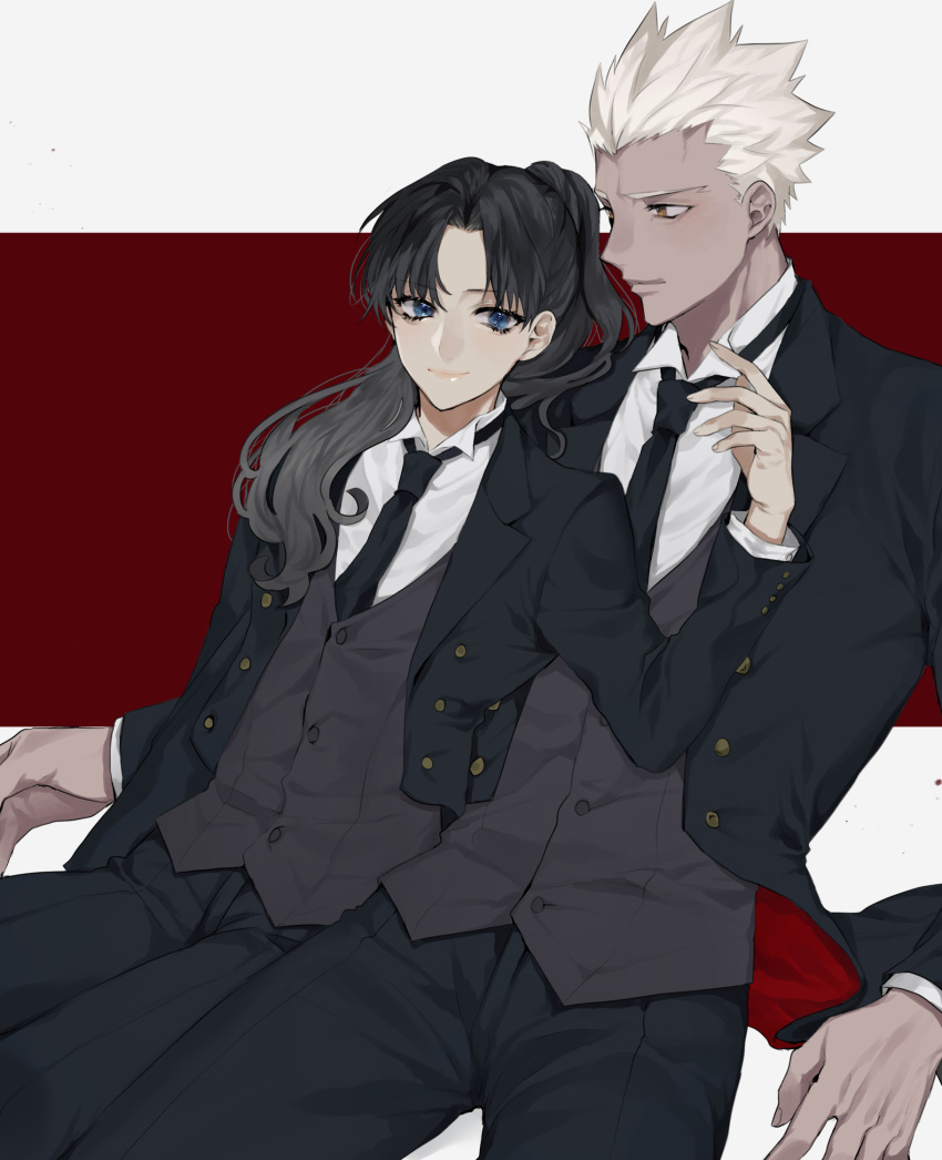 1boy 1girl archer black_hair black_jacket black_neckwear black_pants black_vest blue_eyes closed_mouth collared_shirt dress_shirt fate/stay_night fate_(series) formal hair_intakes hair_over_shoulder highres jacket leaning_back long_hair looking_at_viewer necktie open_clothes open_jacket pants ponytail red_background shimatori_(sanyyyy) shirt short_hair silver_hair sitting smile spiky_hair tohsaka_rin two-tone_background vest white_background white_shirt wing_collar