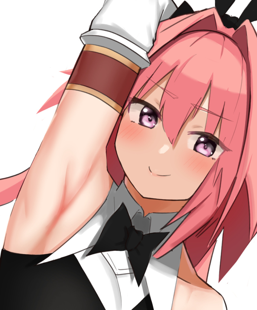 1boy arm_up armpits astolfo_(fate) astolfo_(saber)_(fate) bangs bare_shoulders black_neckwear black_ribbon blush detached_sleeves fate/grand_order fate_(series) foolfool_45 hair_intakes highres long_hair looking_at_viewer otoko_no_ko pink_hair ribbon simple_background smile violet_eyes white_background