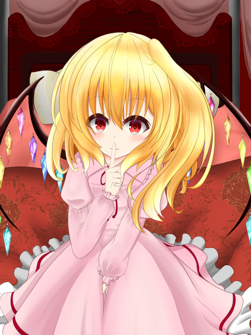 bed blanket blonde_hair crystal_hair finger_to_mouth flandre_scarlet four-poster_bed futon highres looking_at_viewer nightgown on_bed pajamas pillow pink_nightgown shushing side_ponytail syo03 touhou