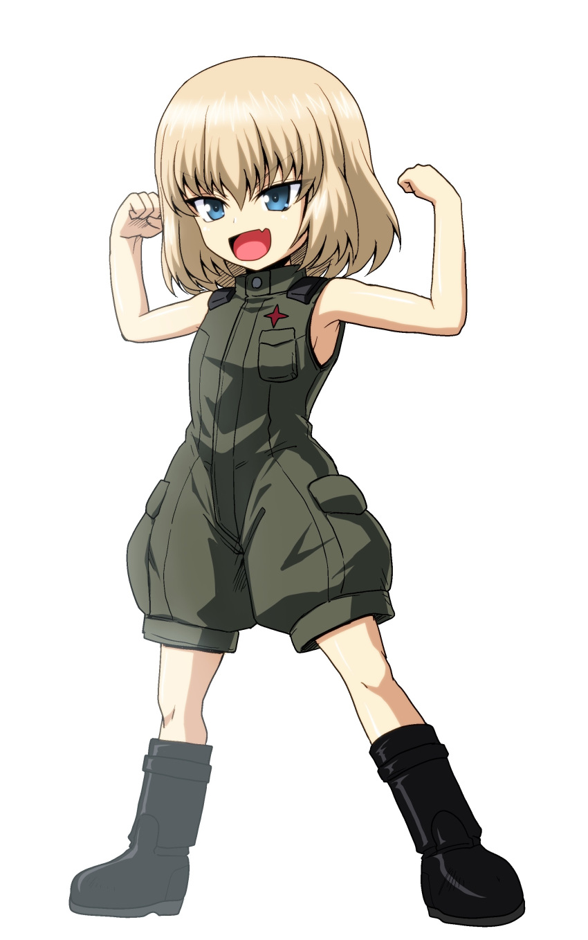 1girl absurdres bangs black_footwear blonde_hair blue_eyes boots clenched_hands fang flexing full_body girls_und_panzer green_jumpsuit highres insignia jumpsuit kamishima_kanon katyusha_(girls_und_panzer) looking_to_the_side military military_uniform open_mouth pose pravda_military_uniform short_hair short_jumpsuit simple_background skin_fang sleeveless smirk solo standing uniform v-shaped_eyebrows white_background