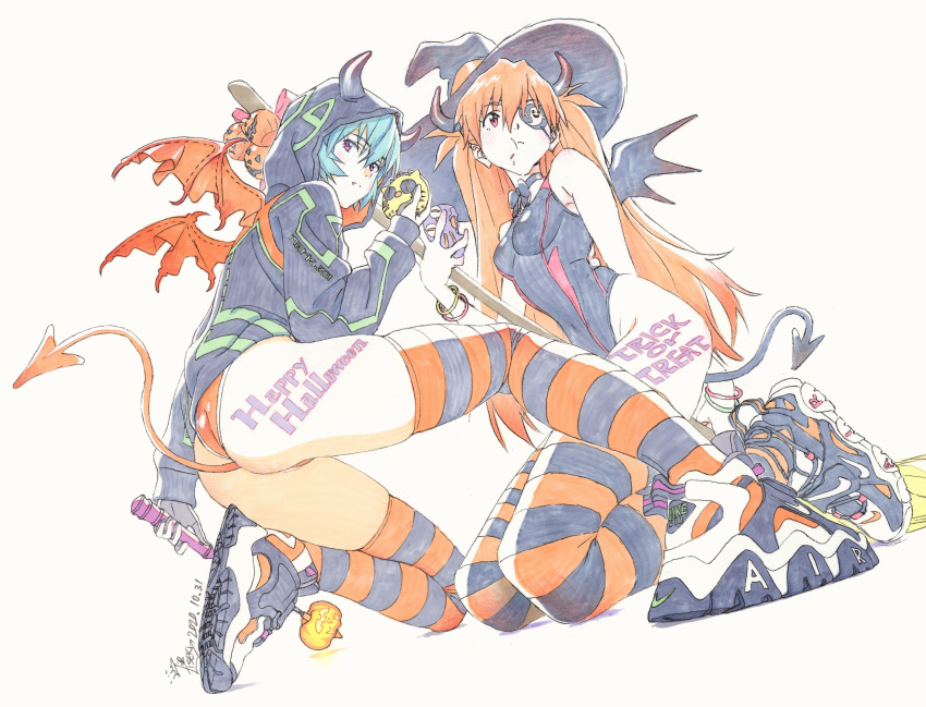 1girl 2019 :t absurdres ass ayanami_rei black_choker black_swimsuit blue_hair broom broom_riding choker competition_swimsuit cookie covered_navel dated demon_horns demon_tail demon_wings eating eyepatch food ghost groin halloween halloween_costume hat highleg highleg_swimsuit highres horns iseki_shuuichi jack-o'-lantern jacket kneeling legs neon_genesis_evangelion one-piece_swimsuit red_eyes ribbon_choker shoes short_hair skin_tight skull sneakers solo souryuu_asuka_langley striped striped_legwear swimsuit tail thigh-highs thighs traditional_media trick_or_treat wings witch_hat