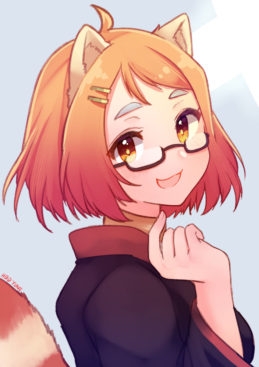 :3 :d absurdres ahoge animal_ears black-framed_eyewear blush character_request from_side genderswap genderswap_(mtf) glasses gradient_hair grey_background hair_ornament hairclip hand_up highres indie_virtual_youtuber looking_at_viewer looking_to_the_side multicolored_hair open_mouth orange_eyes orange_hair raccoon_ears raccoon_tail semi-rimless_eyewear signature simple_background smile tail temachii under-rim_eyewear upper_body virtual_youtuber yellow_pupils