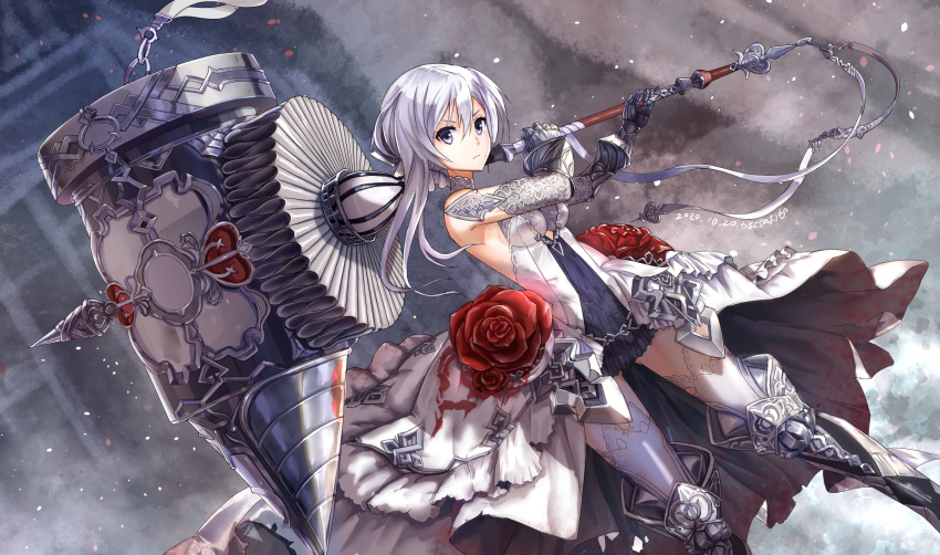 1girl armored_boots asymmetrical_bangs bangs blood bloody_clothes boots breasts commentary_request dated dress elbow_gloves flower gauntlets gloves grey_eyes hammer highres huge_weapon looking_at_viewer medium_breasts over_shoulder rose showgirl_skirt sinoalice snow_white_(sinoalice) solo teketeke thigh-highs weapon weapon_over_shoulder white_dress white_hair