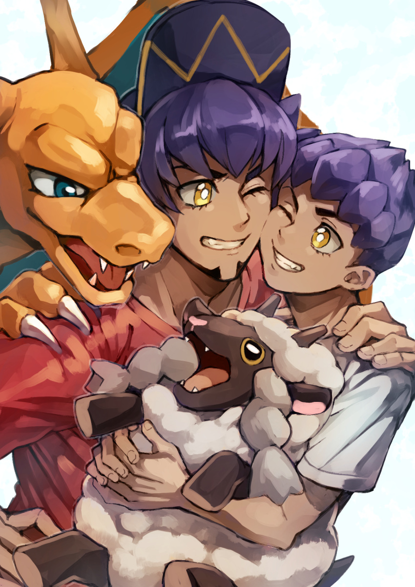 2boys bangs baseball_cap brothers charizard clenched_teeth commentary_request dark_skin dark_skinned_male eye_contact eyelashes facial_hair fingernails gen_1_pokemon gen_8_pokemon hand_on_another's_shoulder hat highres hop_(pokemon) komame_(st_beans) leon_(pokemon) looking_at_another male_focus multiple_boys one_eye_closed pokemon pokemon_(creature) pokemon_(game) pokemon_swsh purple_hair red_shirt shirt siblings smile teeth wooloo yellow_eyes