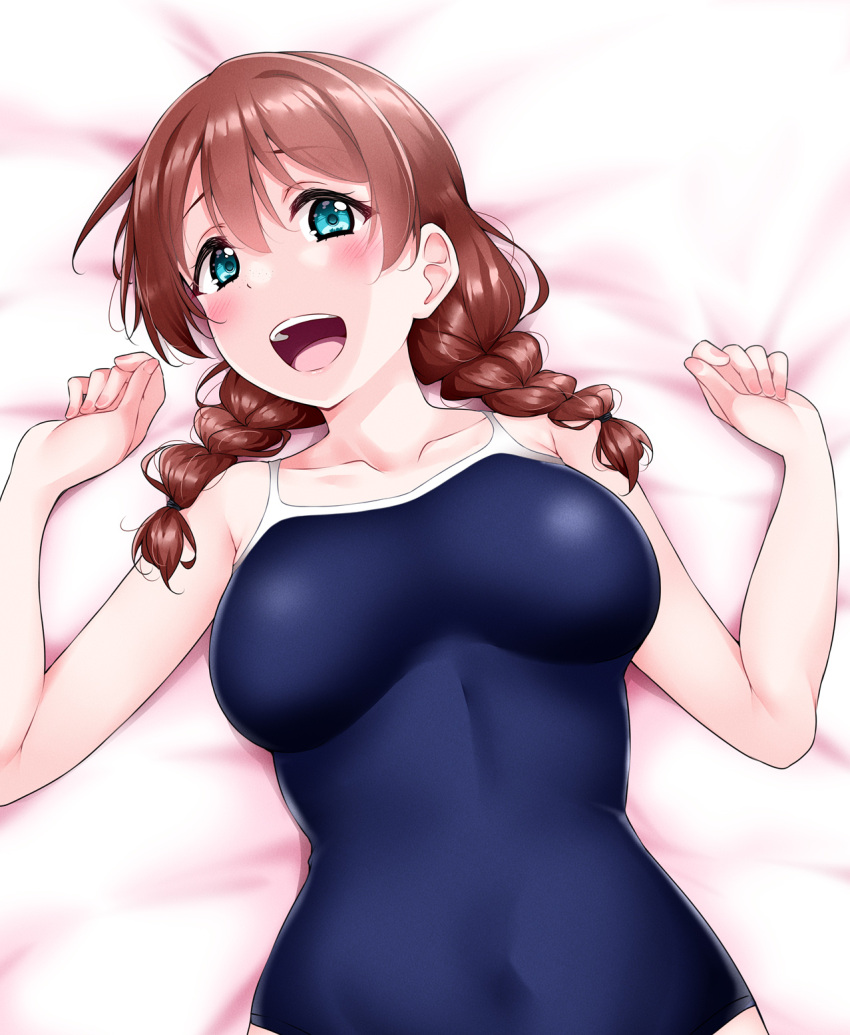 1girl :d bare_arms bare_shoulders bed_sheet blue_eyes blue_swimsuit blush braid breasts brown_hair covered_navel emma_verde highres large_breasts long_hair looking_at_viewer love_live! love_live!_nijigasaki_high_school_idol_club love_live!_school_idol_festival love_live!_school_idol_festival_all_stars lying on_back on_bed one-piece_swimsuit open_mouth school_swimsuit smile solo swimsuit twin_braids upper_body upper_teeth yopparai_oni