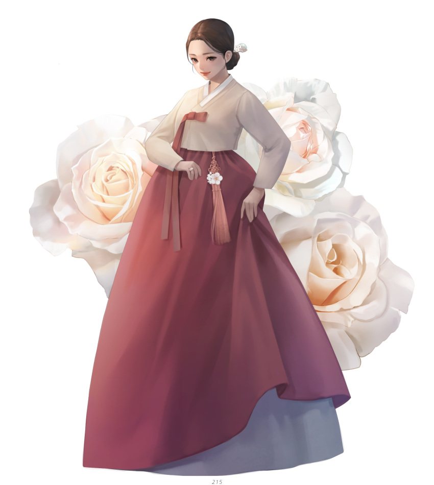 1girl brown_eyes brown_hair dress flower hanbok hanbok_lift highres holding holding_clothes holding_dress korean_clothes looking_down original pink_flower pink_rose rose shinyoung_kim solo standing white_background