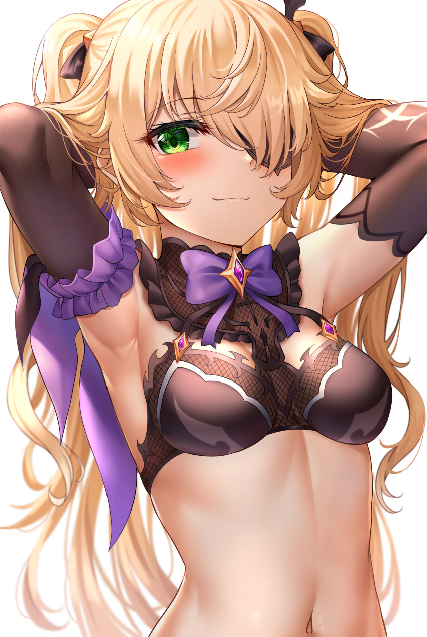 1girl :3 absurdres adapted_costume armpits arms_behind_head arms_up bare_shoulders bikini black_bikini blonde_hair bow bowtie breasts brooch detached_sleeves eyepatch fischl_(genshin_impact) frills genshin_impact green_eyes hair_over_one_eye hair_ribbon highres jewelry long_hair long_sleeves looking_at_viewer medium_breasts navel ribbon simple_background smile solo stomach sunhyun swimsuit two_side_up upper_body white_background