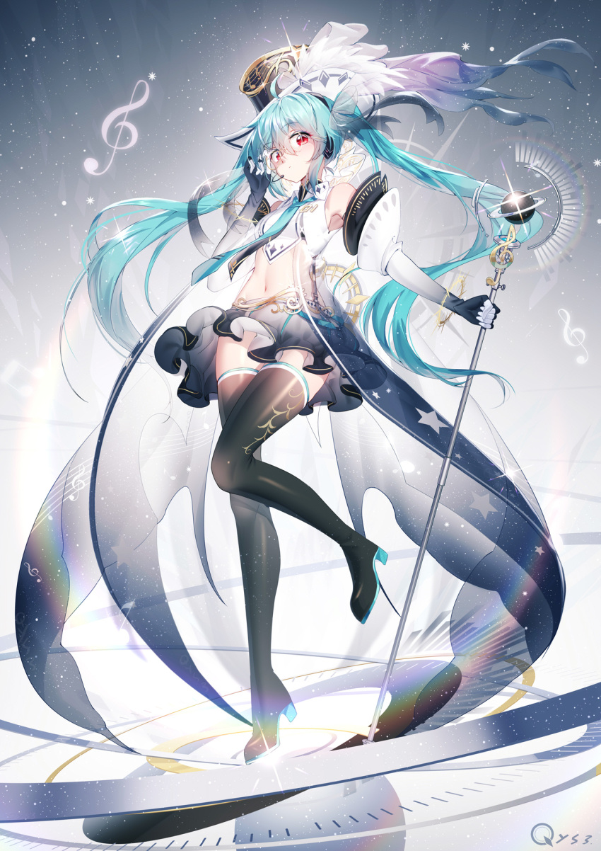 1girl ahoge alternate_costume aqua_hair armpits bare_shoulders black_footwear boots breasts collared_shirt commentary_request crop_top elbow_gloves full_body glasses gloves gradient hair_ornament hand_on_eyewear hat hatsune_miku highres long_hair microphone microphone_stand midriff miniskirt musical_note navel necktie qys3 red_eyes see-through shirt skirt sleeveless sleeveless_shirt small_breasts solo standing stomach thigh-highs thigh_boots top_hat twintails very_long_hair vocaloid white_shirt zettai_ryouiki