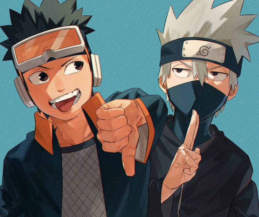 2boys bangs black_eyes black_hair black_shirt blue_background blue_headband blue_jacket fishnet_top forehead_protector goggles goggles_on_head grey_hair hair_between_eyes hand_up hatake_kakashi headband highres jacket jitome konohagakure_symbol long_sleeves looking_at_another male_focus mask mirin_(coene65) mouth_mask multiple_boys naruto_(series) naruto_shippuuden ninja open_mouth shirt short_hair sideways_glance simple_background smile spiky_hair thumbs_down tongue tongue_out uchiha_obito upper_body younger