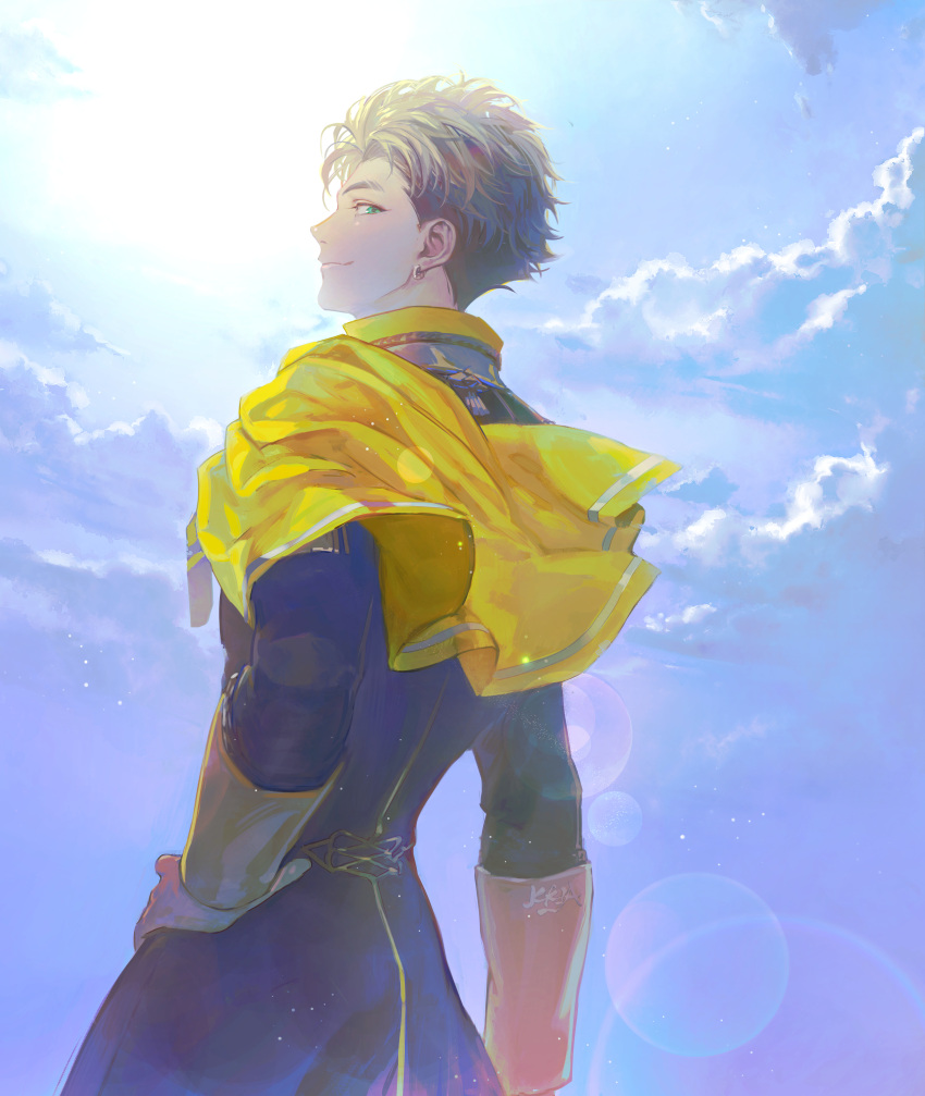 1boy absurdres arm_at_side black_jacket brown_hair claude_von_riegan closed_mouth clouds cowboy_shot day fire_emblem fire_emblem:_three_houses garreg_mach_monastery_uniform hand_on_hip highres huge_filesize jacket jewelry kkia long_sleeves looking_at_viewer looking_back male_focus outdoors profile short_hair sideways_glance single_earring sky smile solo standing sun yellow_capelet