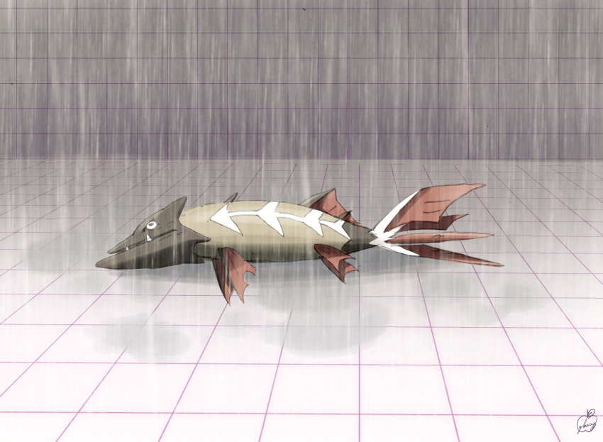 barraskewda commentary_request fangs fish gen_8_pokemon glassy0302 highres lying no_humans on_side pokemon pokemon_(creature) rain signature solo trick_room_(pokemon) watermark