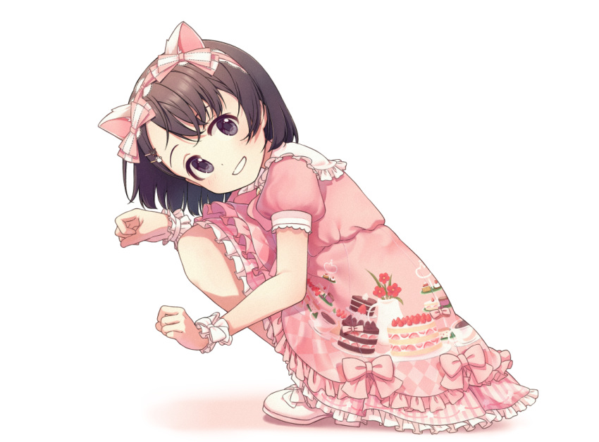 1girl animal_ear_fluff animal_ears ayami_(ayanoayanosuke) bangs black_eyes black_hair blush bow cat_ears collared_dress commentary_request dress eyebrows_behind_hair fake_animal_ears frilled_dress frilled_shirt_collar frills full_body grin hair_bow hairband idolmaster idolmaster_cinderella_girls idolmaster_cinderella_girls_starlight_stage knees_up looking_at_viewer looking_to_the_side pink_dress pink_hairband puffy_short_sleeves puffy_sleeves sasaki_chie shadow shoes short_sleeves smile solo squatting white_background white_bow white_footwear wrist_cuffs