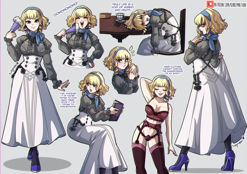 blonde_hair blue_eyes blush breasts closed_eyes constance_von_nuvelle dress eating english_text eyes_in_shadow fire_emblem fire_emblem:_three_houses high_heels highres kinkymation laughing lingerie lips medium_breasts multicolored_hair reading short_hair simple_background sitting underwear