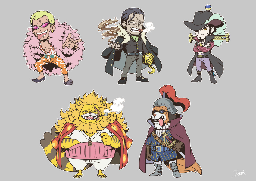 5boys absurdres blonde_hair bossa cat_boy cat_tail chest chibi cigar cross cross_necklace crossed_arms dog_boy dog_tail donquixote_doflamingo dracule_mihawk facial_scar feather_boa full_body furry highres inuarashi_(one_piece) japanese_clothes jewelry kimono long_sleeves male_focus multiple_boys muscle necklace nekomamushi one_piece open_clothes open_kimono open_shirt orange_pants pants pink_pants sand sandals scar short_hair shorts sir_crocodile smile smoking spread_legs sunglasses sword sword_behind_back tail tongue tongue_out weapon