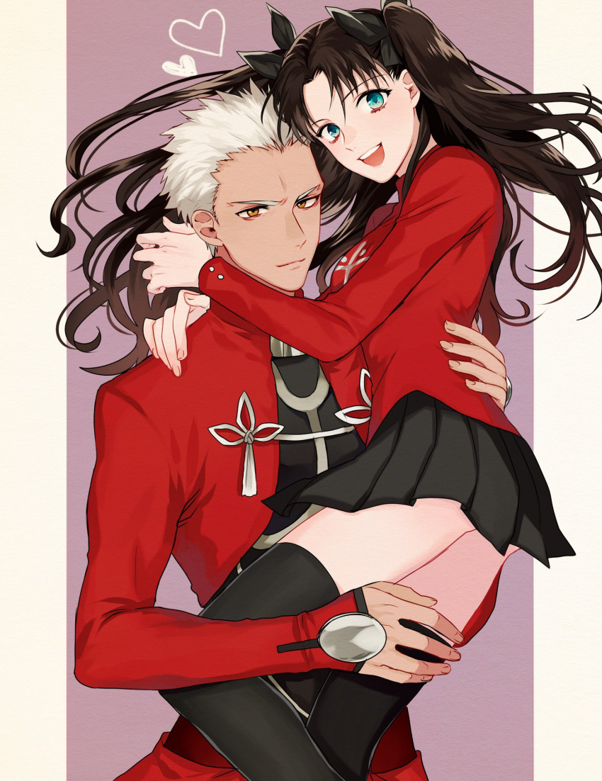 1boy 1girl :d archer arms_around_neck black_bow black_legwear black_skirt blue_eyes border bow brown_eyes brown_hair carrying couple fate/stay_night fate_(series) floating_hair hair_bow hand_on_another's_hip heart highres long_hair long_sleeves looking_at_viewer miniskirt open_mouth pillarboxed pleated_skirt purple_background red_shirt shimatori_(sanyyyy) shiny shiny_hair shirt short_hair silver_hair skirt smile thigh-highs tohsaka_rin twintails very_long_hair white_border zettai_ryouiki