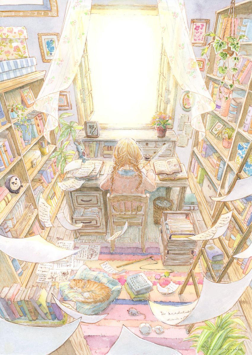 1girl absurdres basket bookshelf brown_hair cat chair clock curtains desk drawer from_behind highres indoors long_hair open_window original paper plant quill shelf signature solo stuffed_animal stuffed_toy tatu_24 traditional_media trash_can twintails watercolor_(medium) window