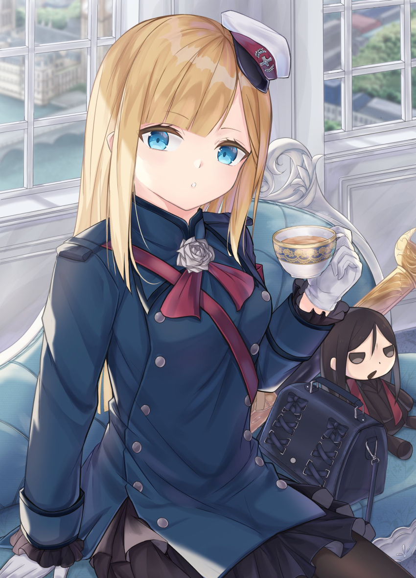 1girl :o bag bangs beret black_bag black_legwear black_skirt blonde_hair blue_eyes blue_jacket blush breasts character_doll closed_mouth commentary_request cup eyebrows_visible_through_hair fate_(series) flower gloves grey_flower hat highres holding jacket long_hair long_sleeves looking_at_viewer lord_el-melloi_ii_case_files nattsu_(nattu888_8) outdoors pantyhose parted_lips pleated_skirt red_ribbon reines_el-melloi_archisorte ribbon sitting skirt solo teacup teeth waver_velvet white_gloves white_headwear window