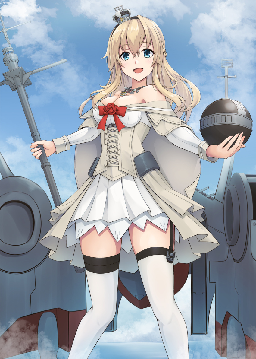 1girl black_hairband blonde_hair blue_eyes blue_sky braid clouds corset crown dress feet_out_of_frame flower french_braid garter_straps globus_cruciger hairband highres kantai_collection kodama_(mmt_uf) long_hair long_sleeves looking_at_viewer machinery mini_crown off-shoulder_dress off_shoulder red_flower red_ribbon red_rose ribbon rose scepter sky smile solo standing thigh-highs warspite_(kantai_collection) white_dress white_legwear