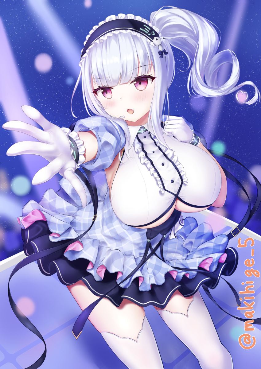 1girl absurdres artist_name azur_lane black_hairband breasts center_frills clothing_cutout dido_(azur_lane) dido_(muse)_(azur_lane) eyebrows_visible_through_hair frilled_hairband frills gloves hairband highres large_breasts makihige miniskirt outstretched_arm purple_skirt short_sleeves side_ponytail skirt solo thigh-highs under_boob underboob_cutout violet_eyes white_gloves white_hair white_legwear