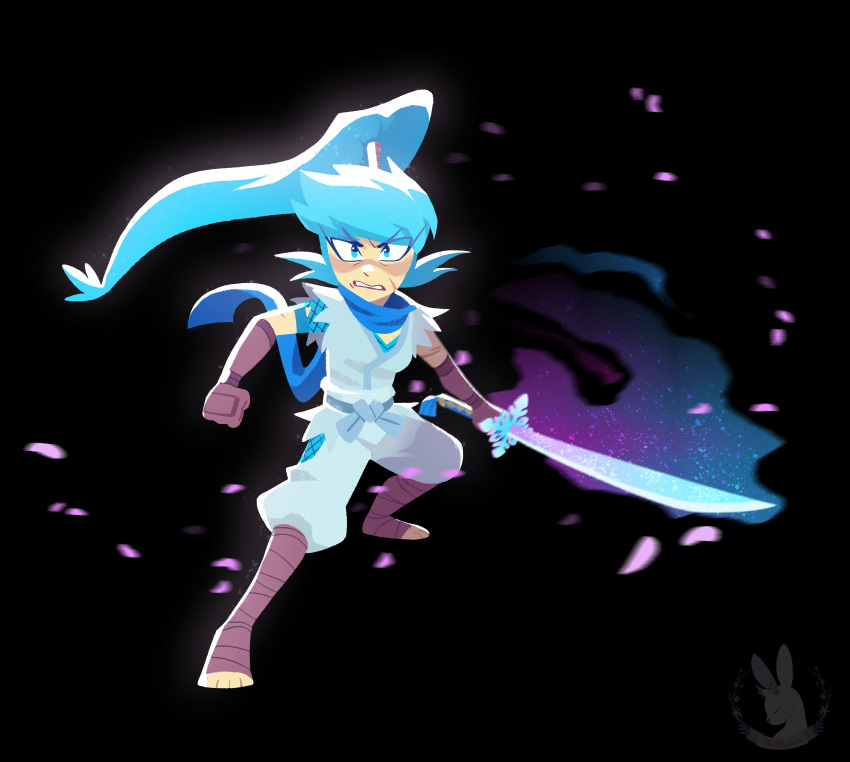 absurdres angry barefoot black_background blue_eyes blue_hair blue_scarf clenched_hand clenched_teeth crystal_sword fishnets highres long_hair mushi_(mystery_skulls) mystery_skulls ninja petals ponytail scarf sideburns simple_background sword teeth thepurpah torn_clothes torn_sleeves watermark weapon
