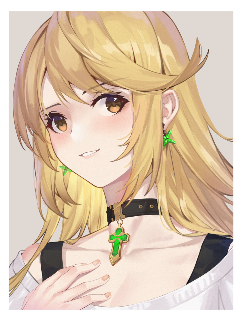 1girl absurdres alternate_costume blonde_hair collarbone earrings focused highres jewelry kray._(k-ray) mythra_(xenoblade) necklace smile solo xenoblade_chronicles_(series) xenoblade_chronicles_2 yellow_eyes